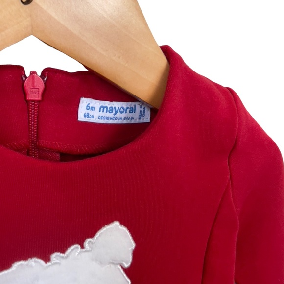 Mayoral: Red and heather gray polka dot dress, with dog Appliqué. - Picture 3 of 8